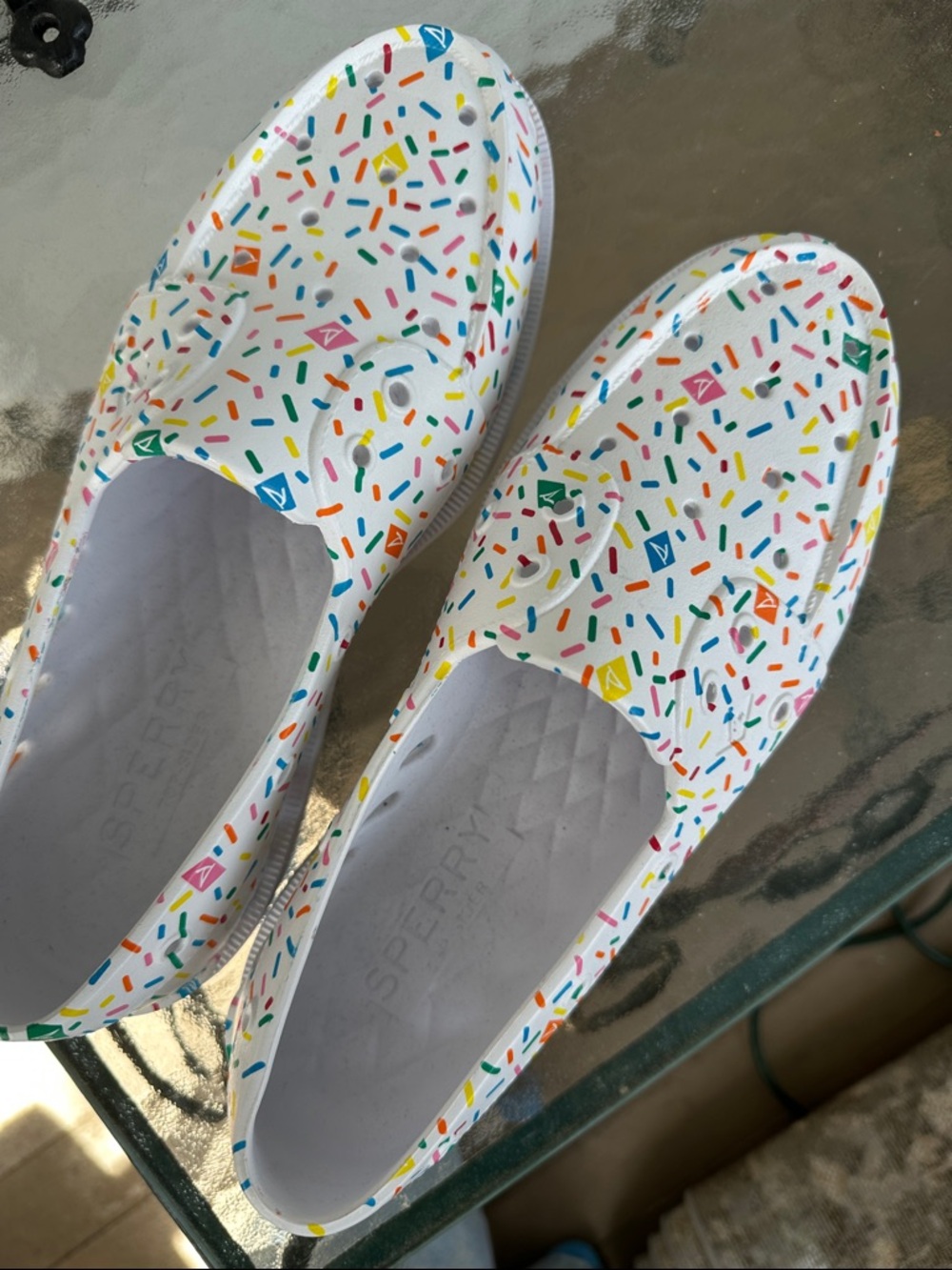 Sperry White Slip-On Rubber Boat Shoes with Rainbow Sprinkle Print